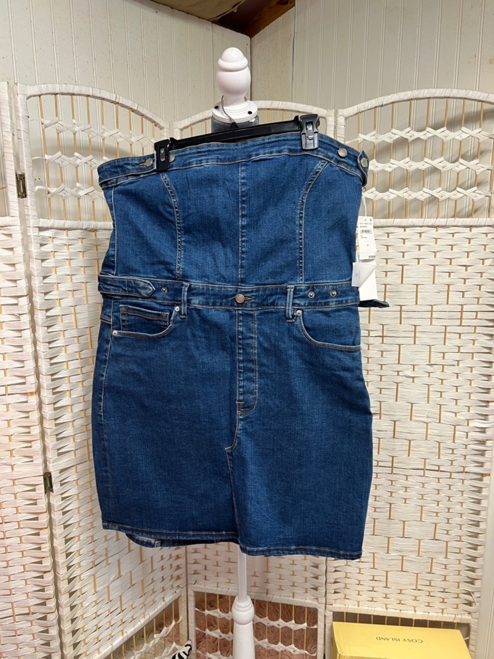 Good American Strapless Denim Mini Dress in Dark Blue